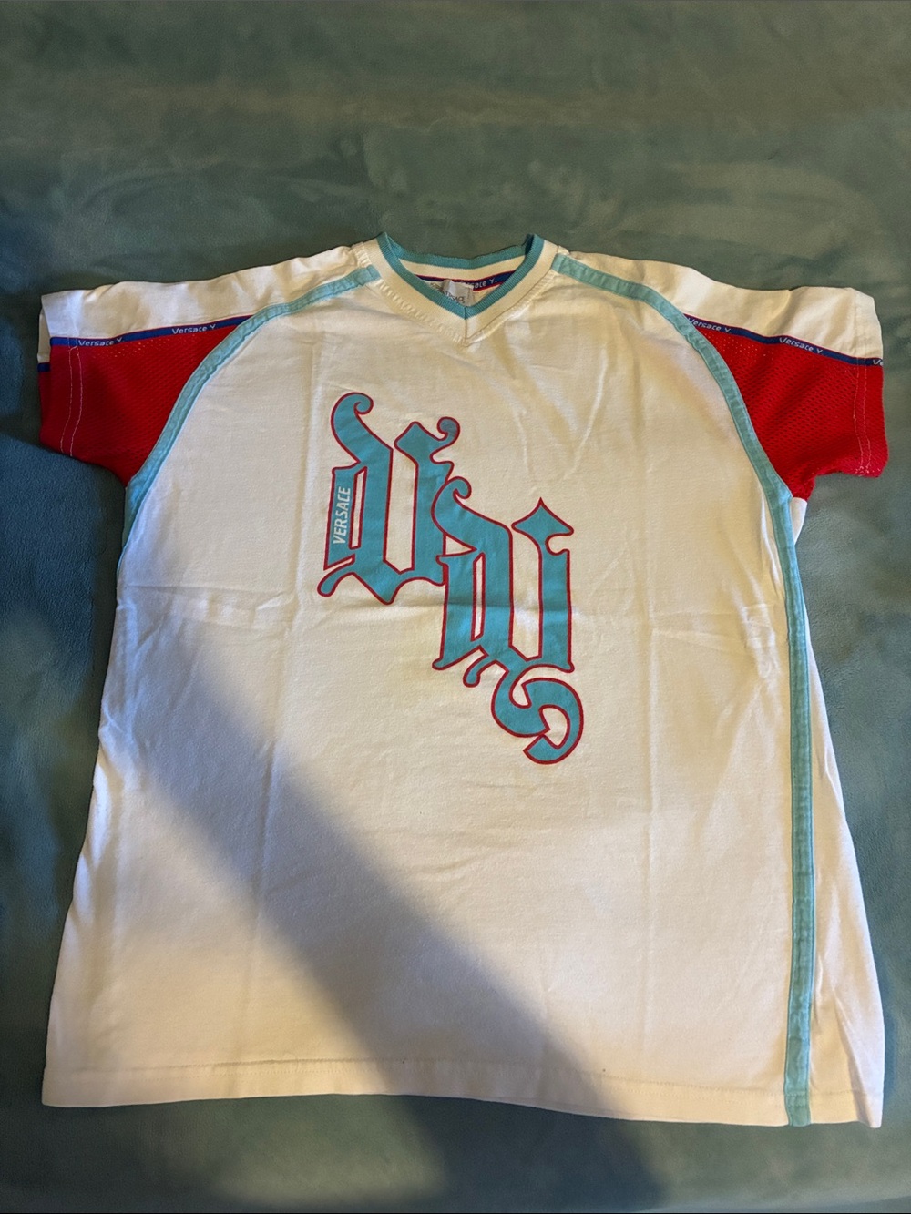Versace White Graphic Tee with Red Sleeves and Aqua Trim